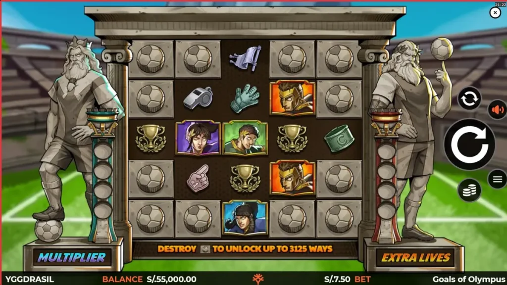 Goals of Olympus BoltLock slot game interface showing Zeus and football elements