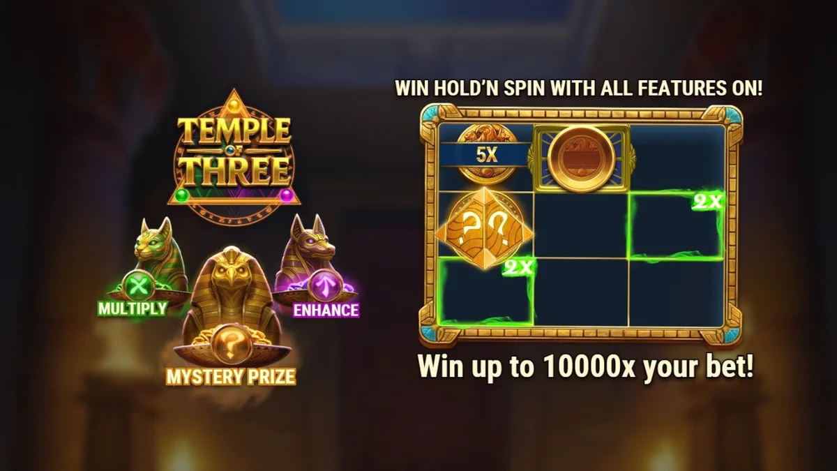 Temple of Three slot machine interface with Egyptian gods and golden coins