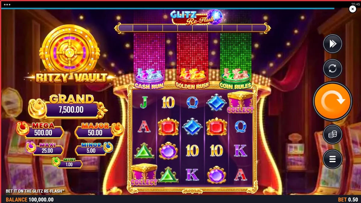 Bet It on the Glitz Re-Flash سلاٹ کا نیون اور گلیمرس انٹرفیس